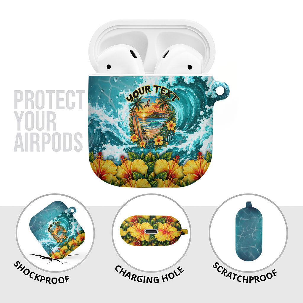 Personalized Hawaii 60th Birthday Eagle AirPods Case Tropical Sunset Beach Hibiscus Ocean Wave