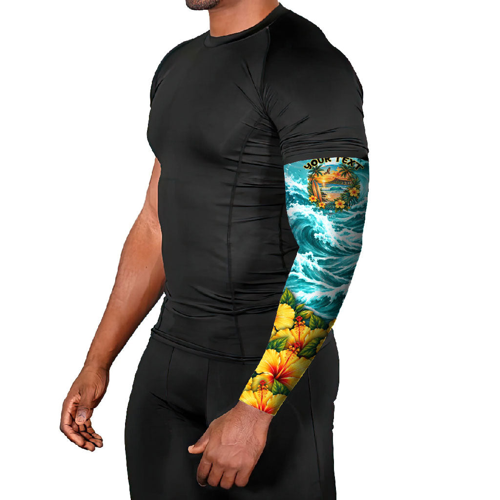 Personalized Hawaii 60th Birthday Eagle Arm Sleeves Tropical Sunset Beach Hibiscus Ocean Wave