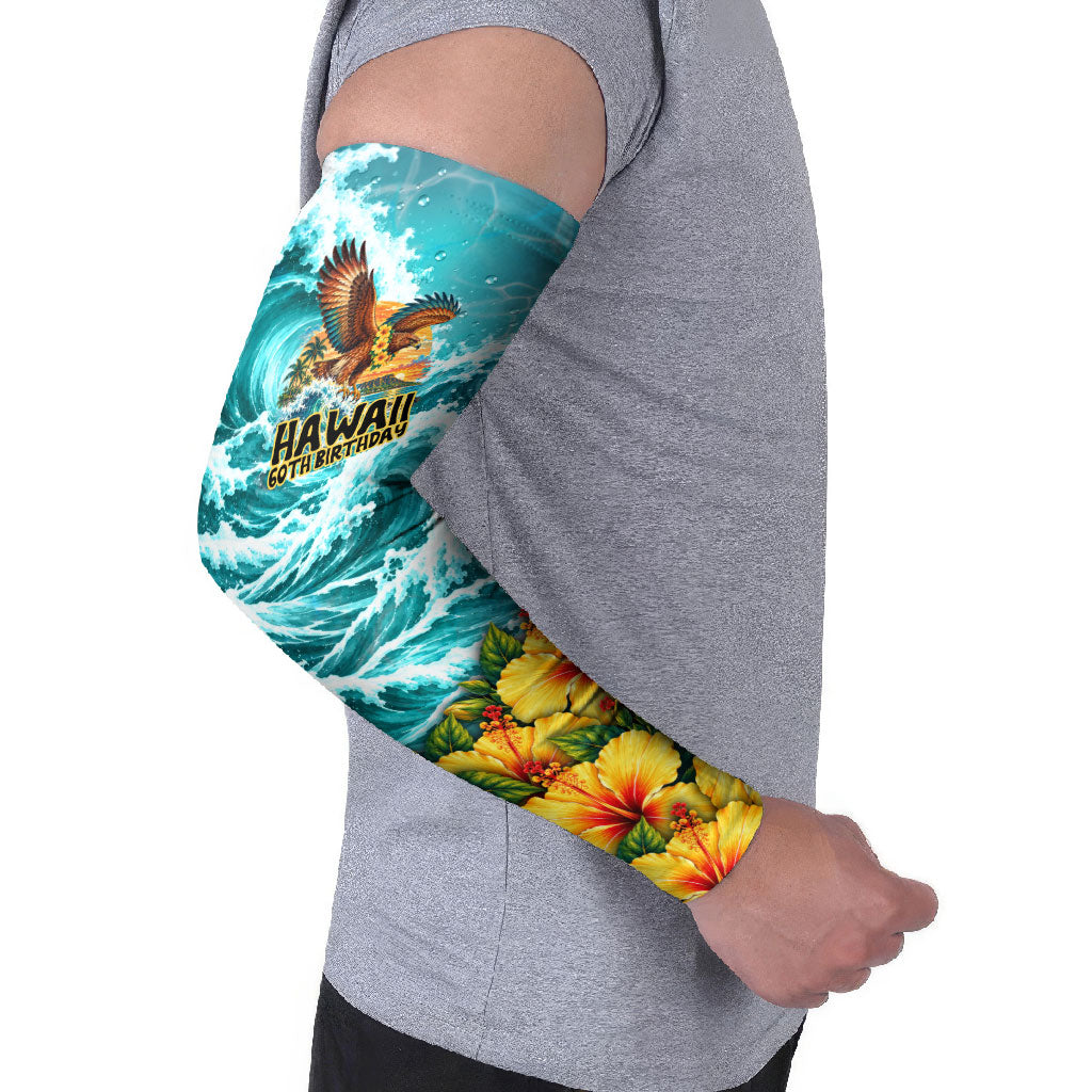 Personalized Hawaii 60th Birthday Eagle Arm Sleeves Tropical Sunset Beach Hibiscus Ocean Wave