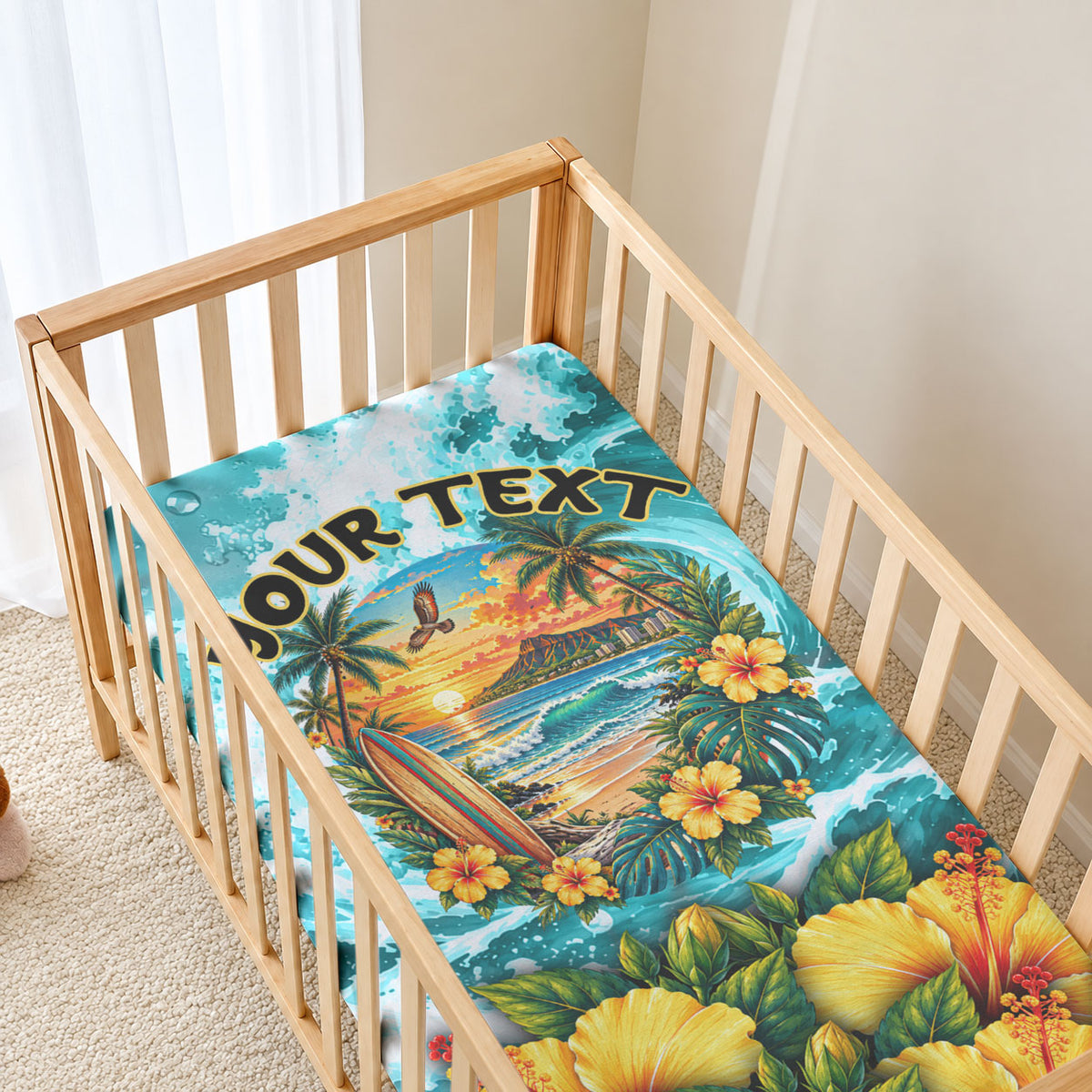 Personalized Hawaii 60th Birthday Eagle Baby Bed Cover Tropical Sunset Beach Hibiscus Ocean Wave TS04 - Polynesian Pride