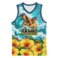 Personalized Hawaii 60th Birthday Eagle Basketball Jersey Tropical Sunset Beach Hibiscus Ocean Wave