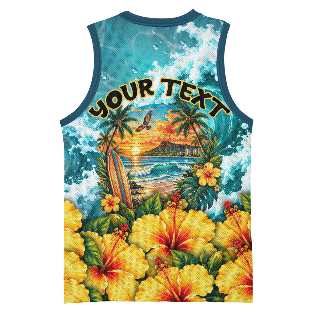 Personalized Hawaii 60th Birthday Eagle Basketball Jersey Tropical Sunset Beach Hibiscus Ocean Wave