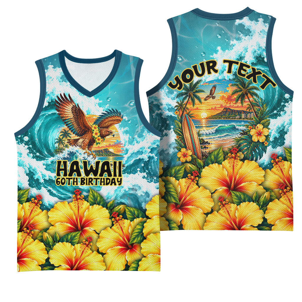 Personalized Hawaii 60th Birthday Eagle Basketball Jersey Tropical Sunset Beach Hibiscus Ocean Wave