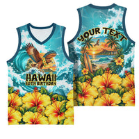 Personalized Hawaii 60th Birthday Eagle Basketball Jersey Tropical Sunset Beach Hibiscus Ocean Wave