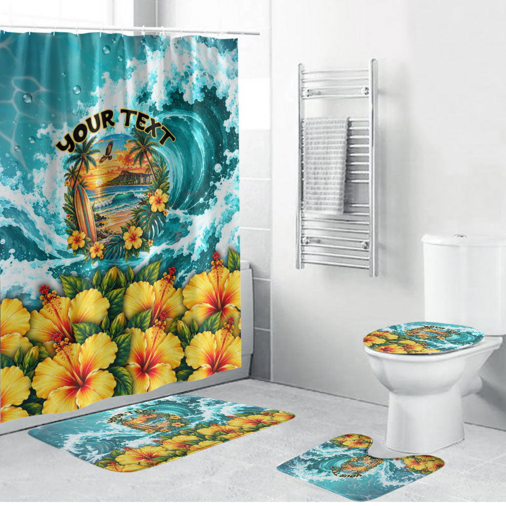 Personalized Hawaii 60th Birthday Eagle Bathroom Set Tropical Sunset Beach Hibiscus Ocean Wave TS04 Bathroom Set (4 pcs) Blue Yellow - Polynesian Pride