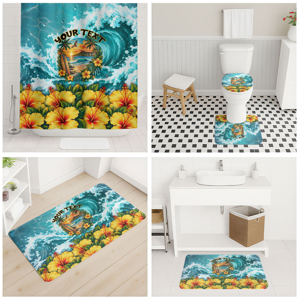 Personalized Hawaii 60th Birthday Eagle Bathroom Set Tropical Sunset Beach Hibiscus Ocean Wave