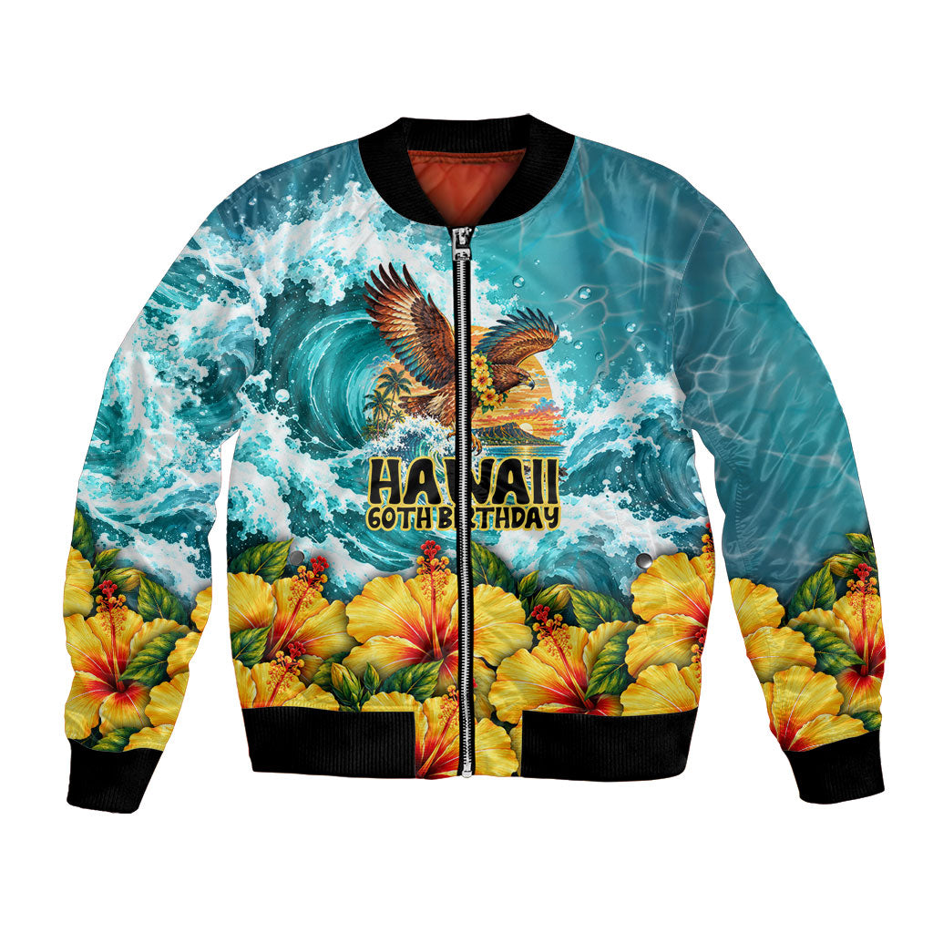 Personalized Hawaii 60th Birthday Eagle Bomber Jacket Tropical Sunset Beach Hibiscus Ocean Wave TS04 Unisex Blue Yellow - Polynesian Pride