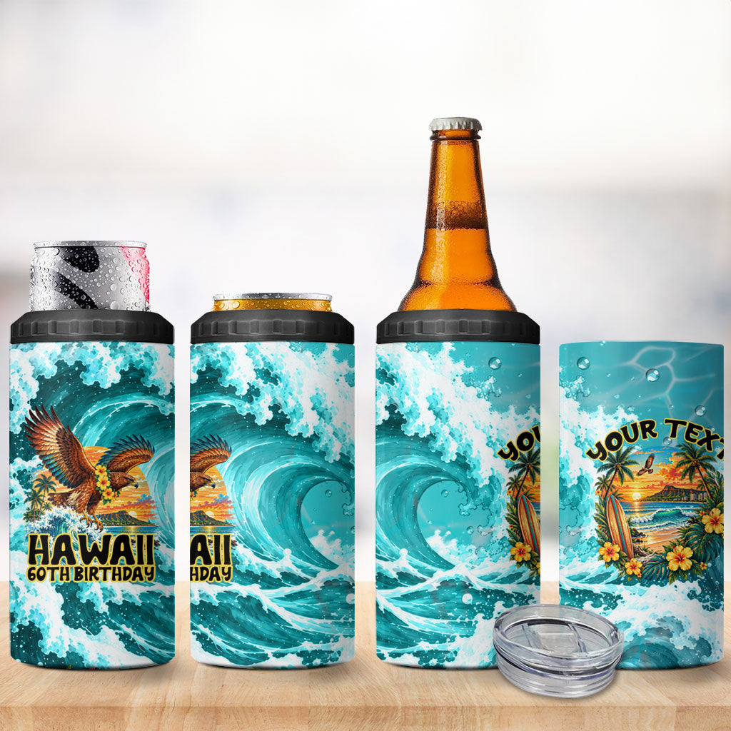 Personalized Hawaii 60th Birthday Eagle 4 in 1 Can Cooler Tumbler Tropical Sunset Beach Hibiscus Ocean Wave TS04 - Polynesian Pride