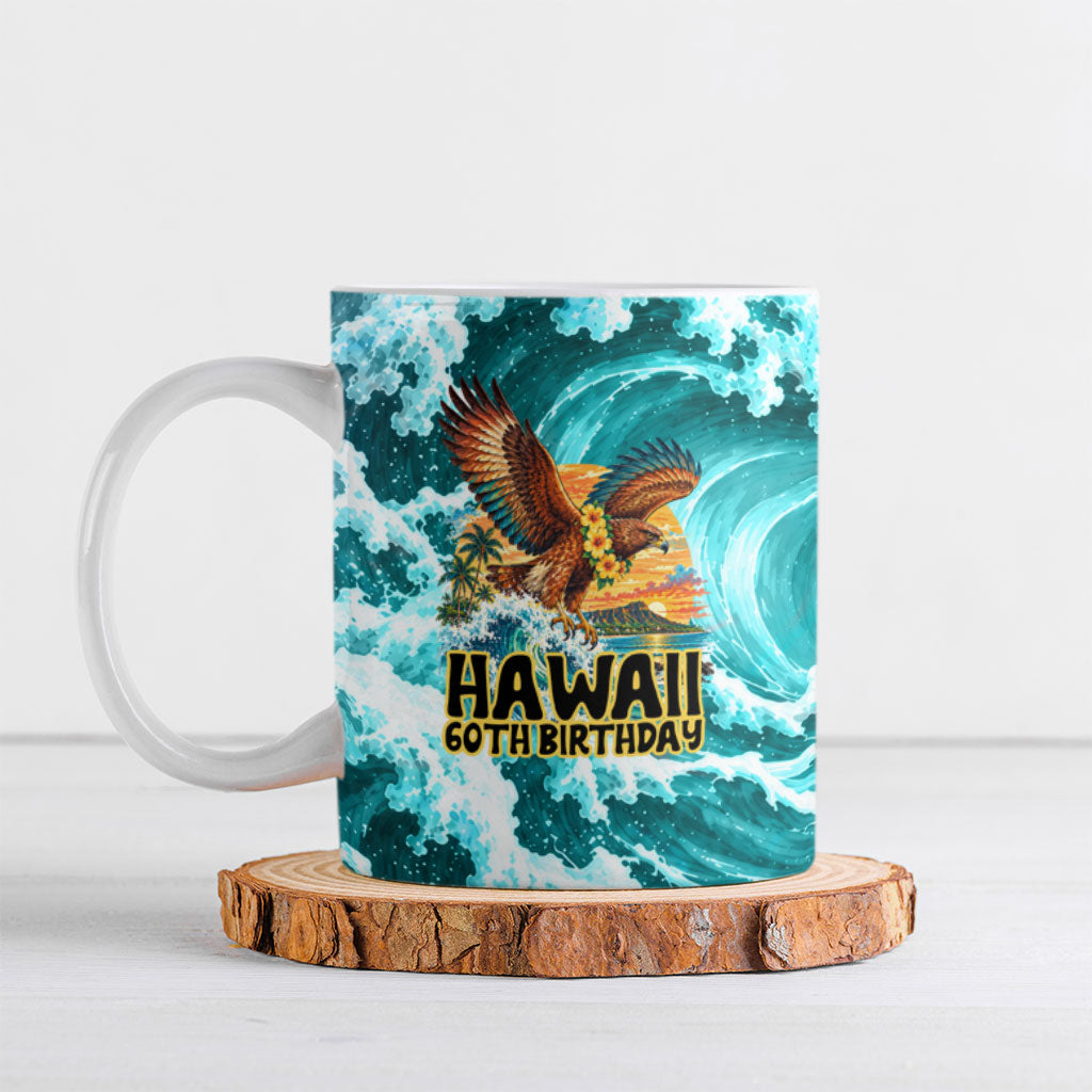 Personalized Hawaii 60th Birthday Eagle Ceramic Mug Tropical Sunset Beach Hibiscus Ocean Wave TS04 Blue Yellow - Polynesian Pride