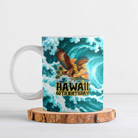 Personalized Hawaii 60th Birthday Eagle Ceramic Mug Tropical Sunset Beach Hibiscus Ocean Wave TS04 Blue Yellow - Polynesian Pride
