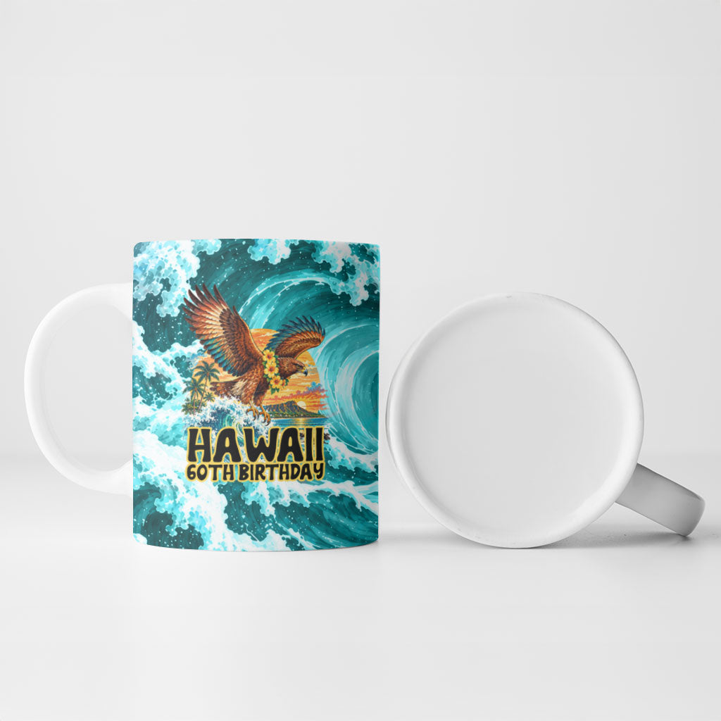 Personalized Hawaii 60th Birthday Eagle Ceramic Mug Tropical Sunset Beach Hibiscus Ocean Wave TS04 - Polynesian Pride