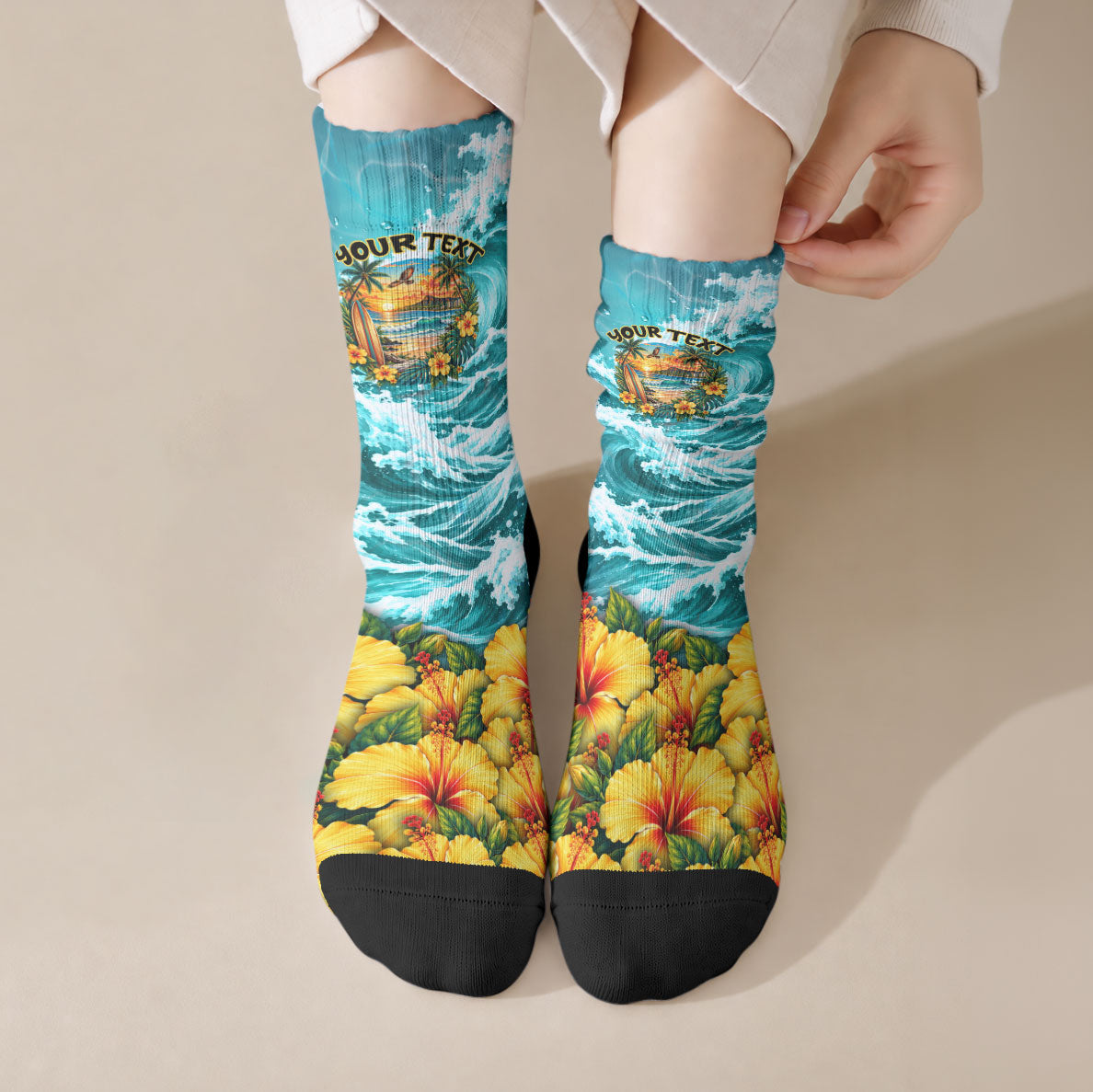 Personalized Hawaii 60th Birthday Eagle Crew Socks Tropical Sunset Beach Hibiscus Ocean Wave TS04 Crew Socks Blue Yellow - Polynesian Pride