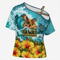 Personalized Hawaii 60th Birthday Eagle Cross Shoulder Shirt Tropical Sunset Beach Hibiscus Ocean Wave TS04 Female Blue Yellow - Polynesian Pride