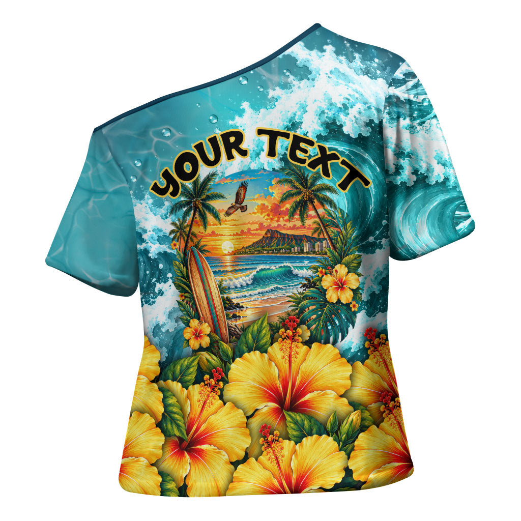 Personalized Hawaii 60th Birthday Eagle Cross Shoulder Shirt Tropical Sunset Beach Hibiscus Ocean Wave TS04 - Polynesian Pride