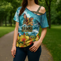 Personalized Hawaii 60th Birthday Eagle Cross Shoulder Shirt Tropical Sunset Beach Hibiscus Ocean Wave TS04 - Polynesian Pride