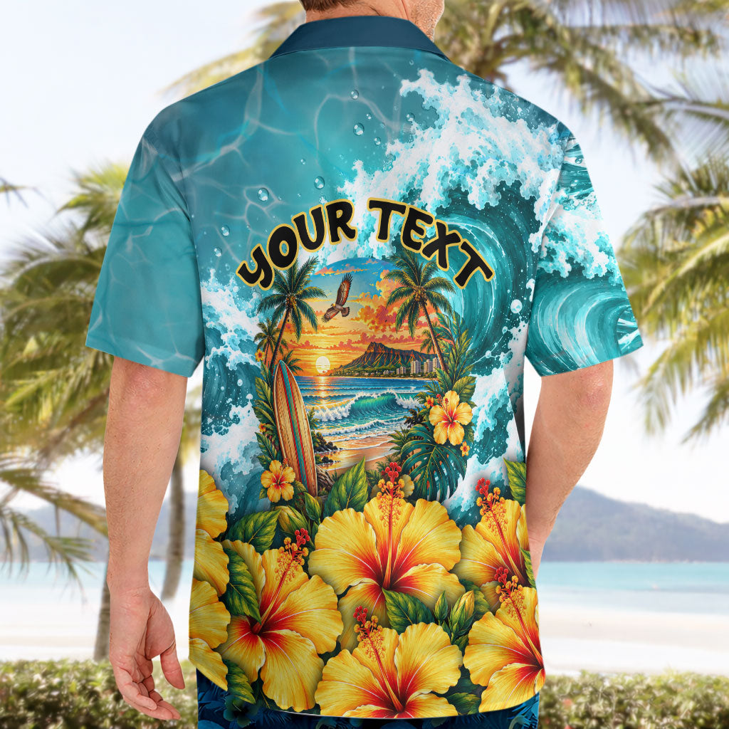Personalized Hawaii 60th Birthday Eagle Hawaiian Shirt Tropical Sunset Beach Hibiscus Ocean Wave