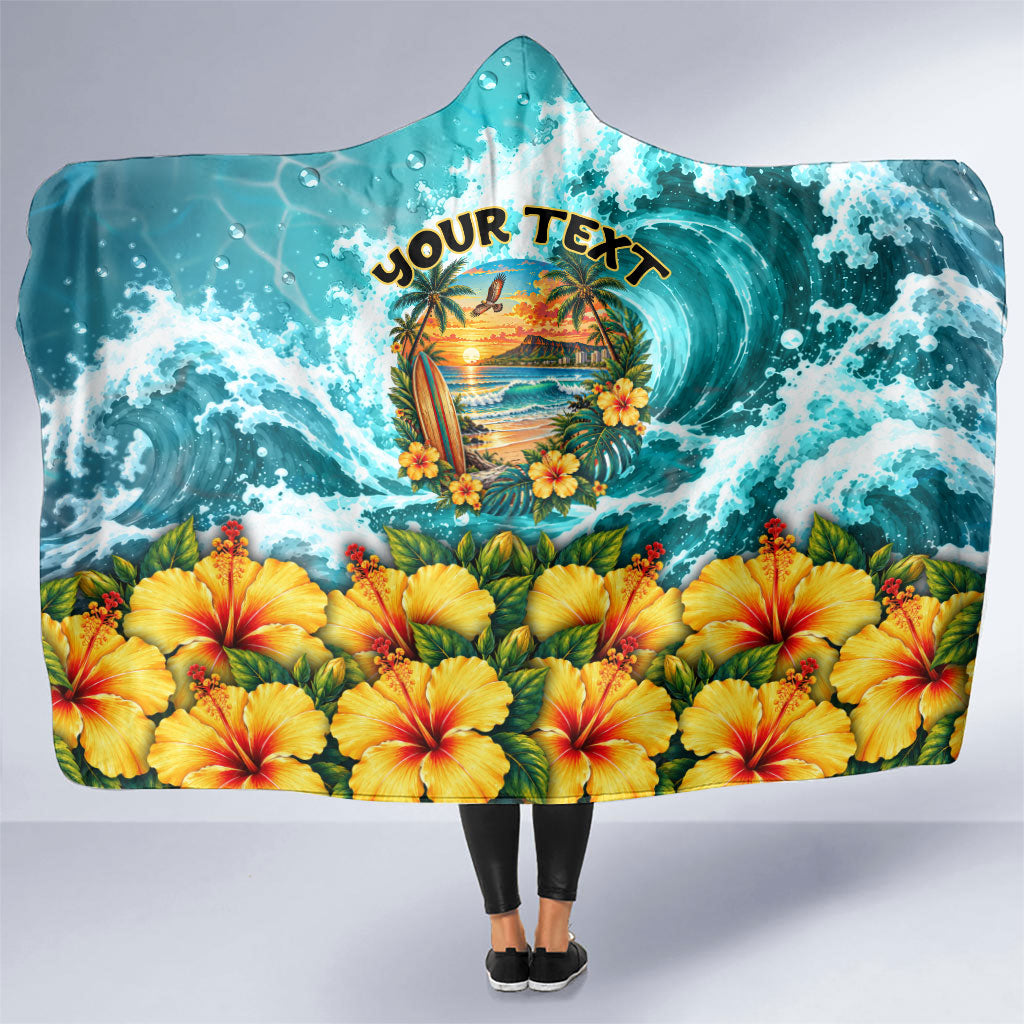 Personalized Hawaii 60th Birthday Eagle Hooded Blanket Tropical Sunset Beach Hibiscus Ocean Wave TS04 One Size Blue Yellow - Polynesian Pride