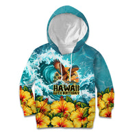 Personalized Hawaii 60th Birthday Eagle Kid Hoodie Tropical Sunset Beach Hibiscus Ocean Wave TS04 Hoodie Blue Yellow - Polynesian Pride