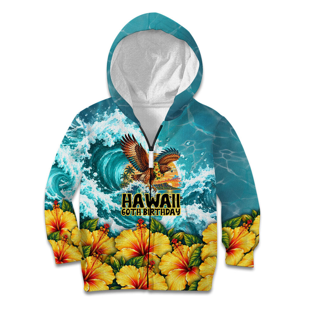Personalized Hawaii 60th Birthday Eagle Kid Hoodie Tropical Sunset Beach Hibiscus Ocean Wave TS04 Zip Hoodie Blue Yellow - Polynesian Pride