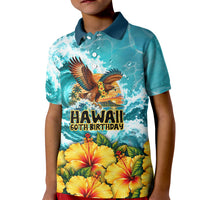 Personalized Hawaii 60th Birthday Eagle Kid Polo Shirt Tropical Sunset Beach Hibiscus Ocean Wave TS04 Kid Blue Yellow - Polynesian Pride