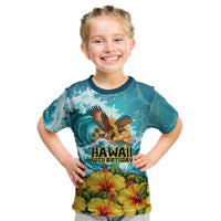 Personalized Hawaii 60th Birthday Eagle Kid T Shirt Tropical Sunset Beach Hibiscus Ocean Wave TS04 Blue Yellow - Polynesian Pride