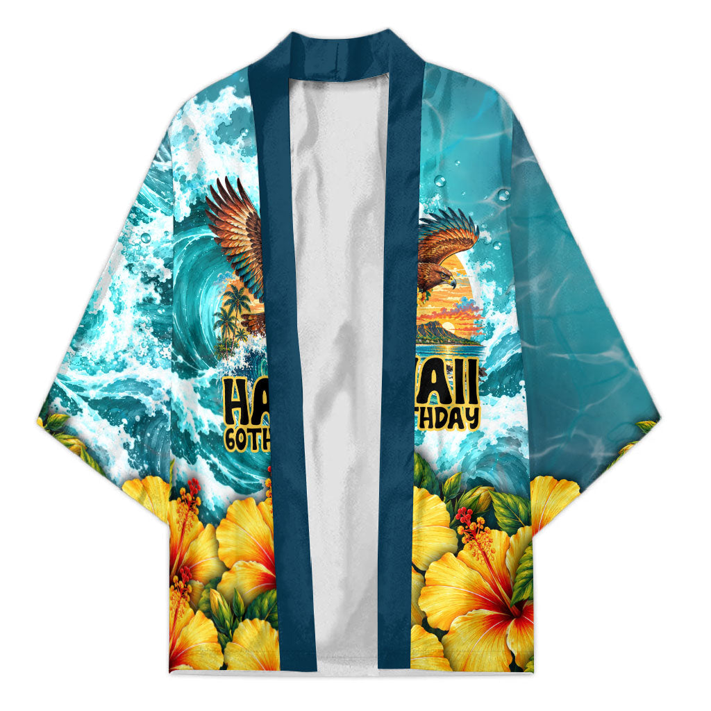 Personalized Hawaii 60th Birthday Eagle Kimono Tropical Sunset Beach Hibiscus Ocean Wave