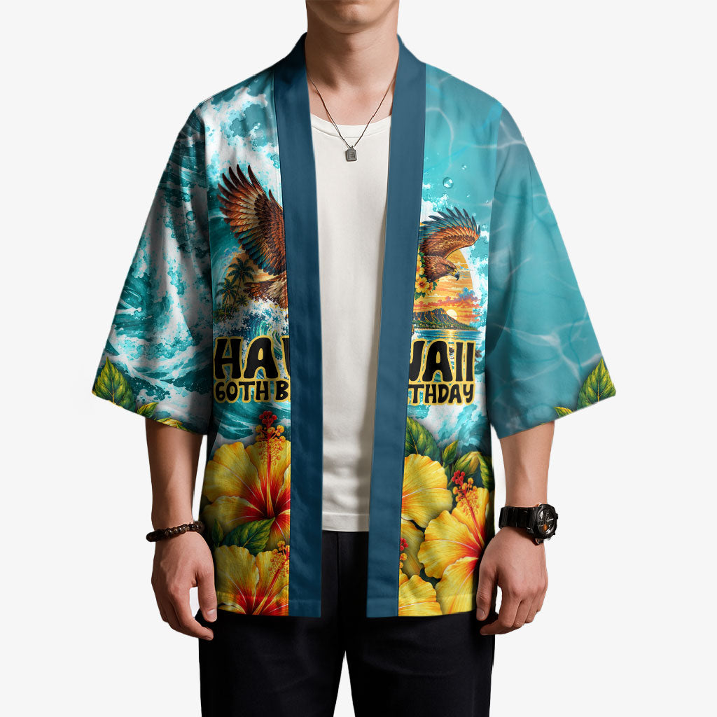 Personalized Hawaii 60th Birthday Eagle Kimono Tropical Sunset Beach Hibiscus Ocean Wave