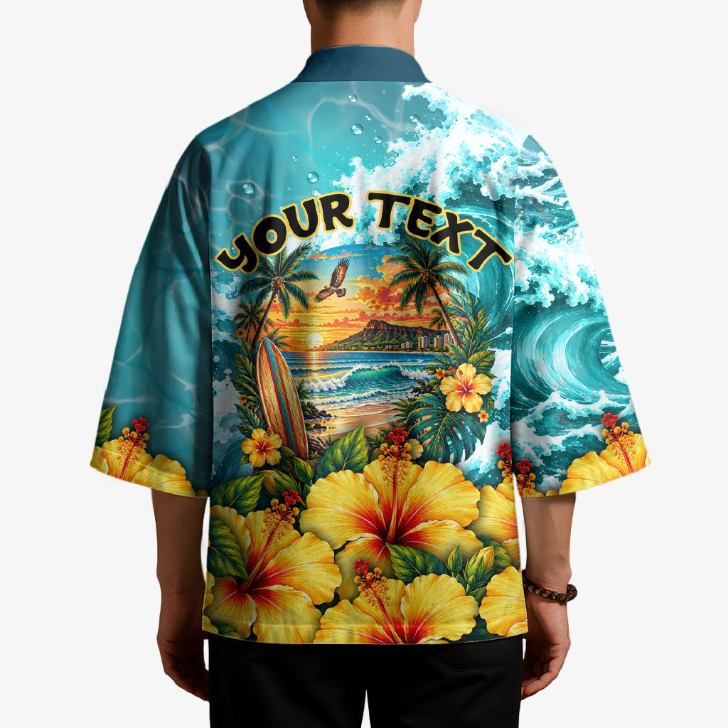 Personalized Hawaii 60th Birthday Eagle Kimono Tropical Sunset Beach Hibiscus Ocean Wave
