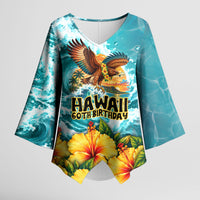 Personalized Hawaii 60th Birthday Eagle Kimono Sleeve Blouse Tropical Sunset Beach Hibiscus Ocean Wave TS04 Female Blue Yellow - Polynesian Pride