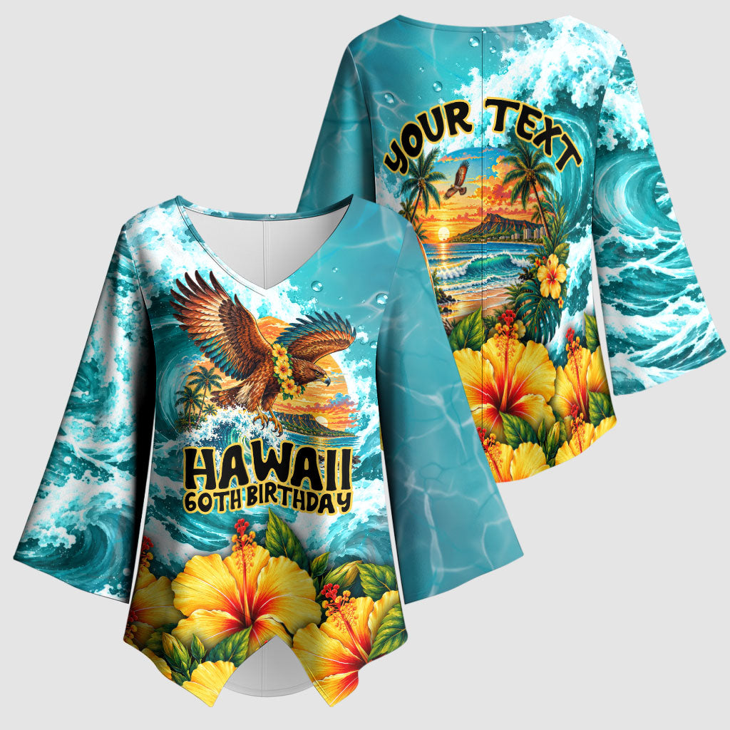 Personalized Hawaii 60th Birthday Eagle Kimono Sleeve Blouse Tropical Sunset Beach Hibiscus Ocean Wave TS04 - Polynesian Pride