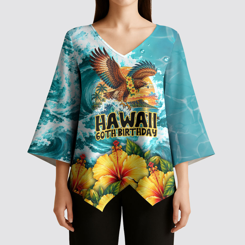Personalized Hawaii 60th Birthday Eagle Kimono Sleeve Blouse Tropical Sunset Beach Hibiscus Ocean Wave TS04 - Polynesian Pride