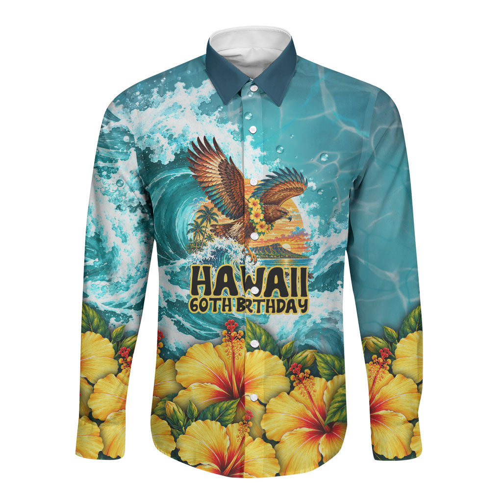 Personalized Hawaii 60th Birthday Eagle Long Sleeve Button Shirt Tropical Sunset Beach Hibiscus Ocean Wave