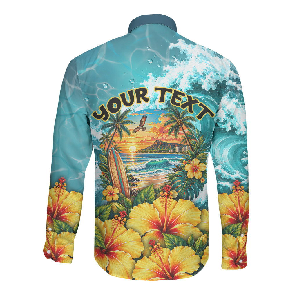 Personalized Hawaii 60th Birthday Eagle Long Sleeve Button Shirt Tropical Sunset Beach Hibiscus Ocean Wave
