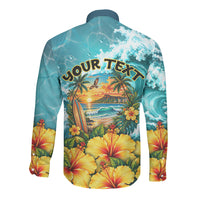 Personalized Hawaii 60th Birthday Eagle Long Sleeve Button Shirt Tropical Sunset Beach Hibiscus Ocean Wave