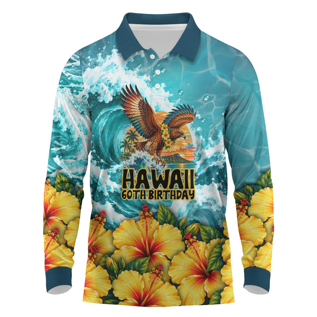 Personalized Hawaii 60th Birthday Eagle Long Sleeve Polo Shirt Tropical Sunset Beach Hibiscus Ocean Wave TS04 Blue Yellow - Polynesian Pride