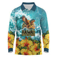 Personalized Hawaii 60th Birthday Eagle Long Sleeve Polo Shirt Tropical Sunset Beach Hibiscus Ocean Wave TS04 Blue Yellow - Polynesian Pride