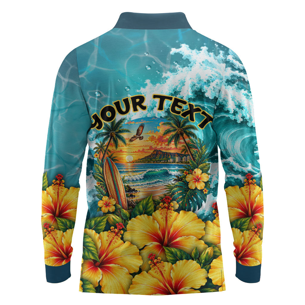 Personalized Hawaii 60th Birthday Eagle Long Sleeve Polo Shirt Tropical Sunset Beach Hibiscus Ocean Wave TS04 - Polynesian Pride