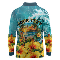 Personalized Hawaii 60th Birthday Eagle Long Sleeve Polo Shirt Tropical Sunset Beach Hibiscus Ocean Wave TS04 - Polynesian Pride
