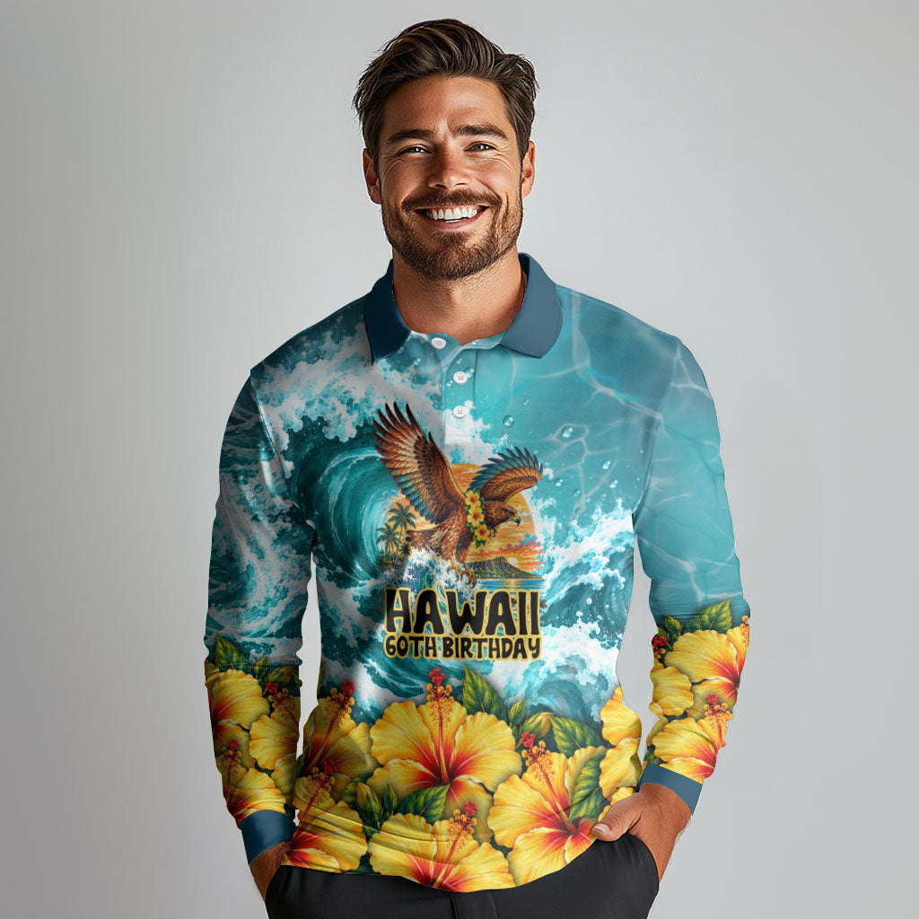 Personalized Hawaii 60th Birthday Eagle Long Sleeve Polo Shirt Tropical Sunset Beach Hibiscus Ocean Wave TS04 - Polynesian Pride