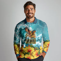 Personalized Hawaii 60th Birthday Eagle Long Sleeve Polo Shirt Tropical Sunset Beach Hibiscus Ocean Wave TS04 - Polynesian Pride