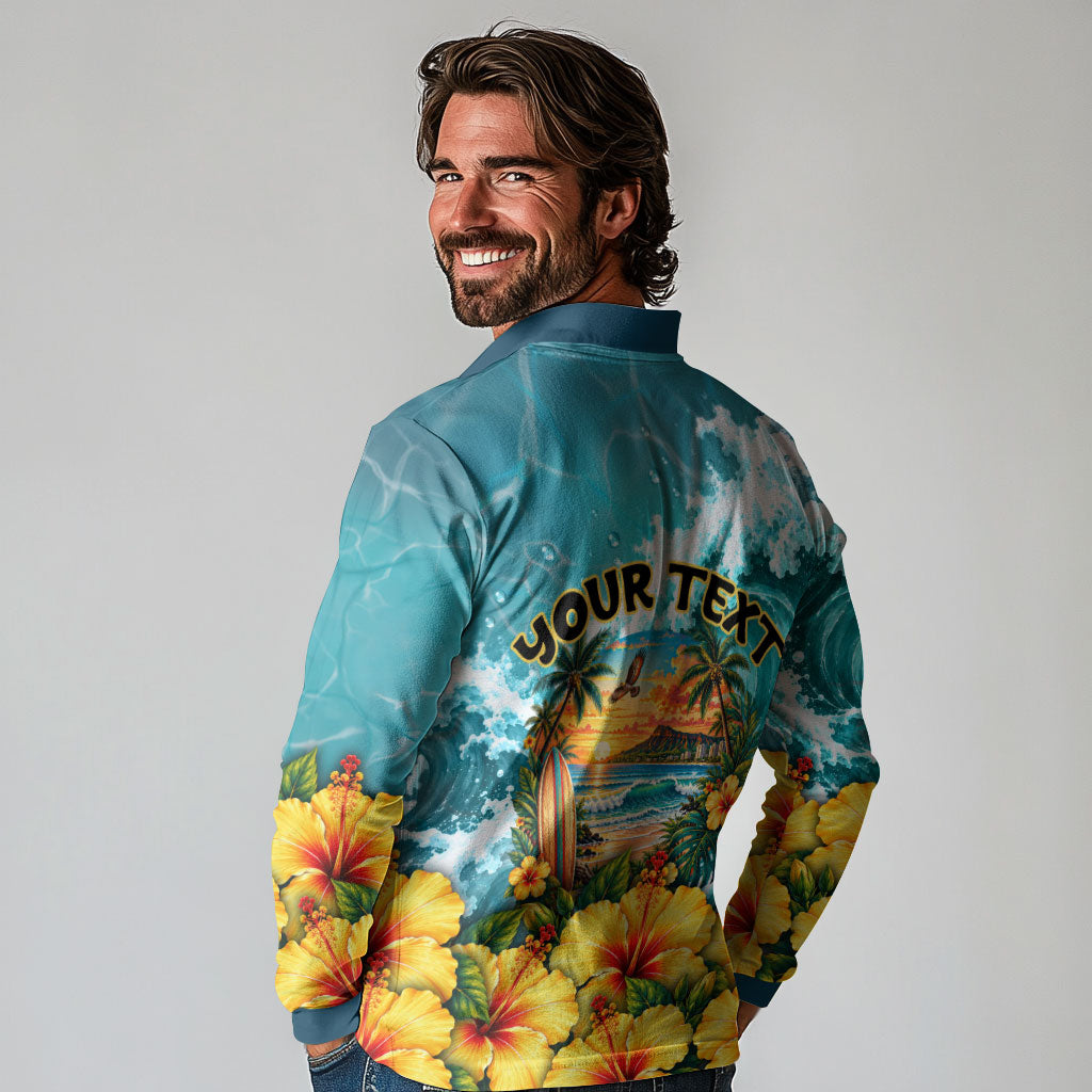 Personalized Hawaii 60th Birthday Eagle Long Sleeve Polo Shirt Tropical Sunset Beach Hibiscus Ocean Wave TS04 - Polynesian Pride