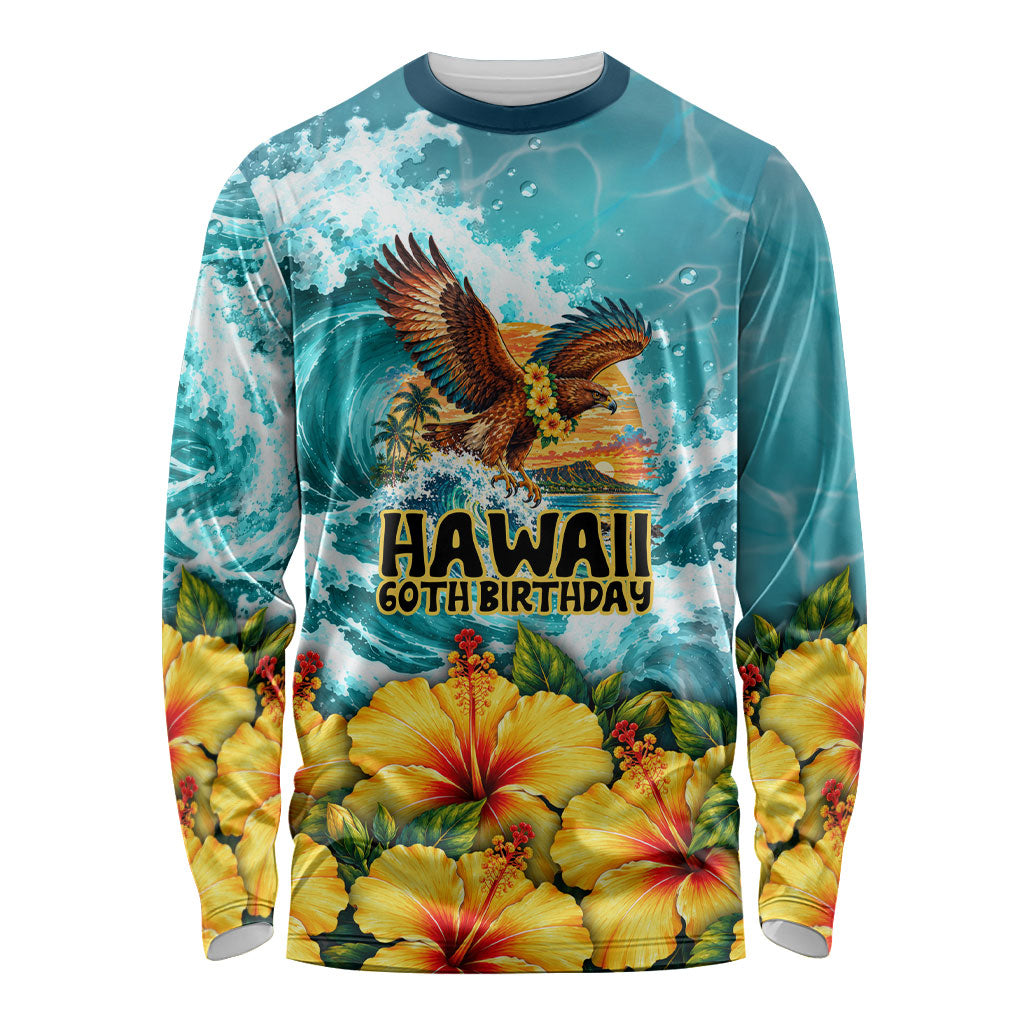 Personalized Hawaii 60th Birthday Eagle Long Sleeve Shirt Tropical Sunset Beach Hibiscus Ocean Wave