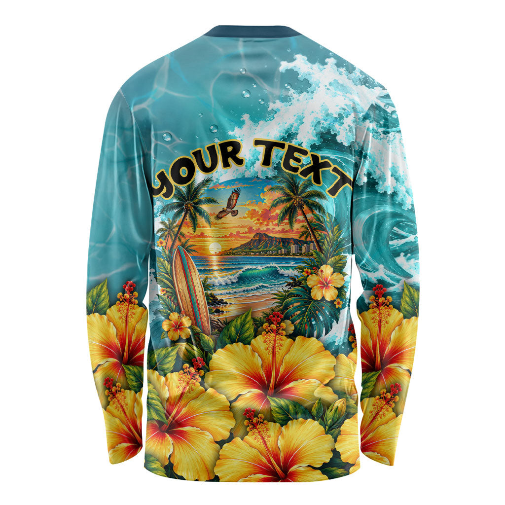 Personalized Hawaii 60th Birthday Eagle Long Sleeve Shirt Tropical Sunset Beach Hibiscus Ocean Wave