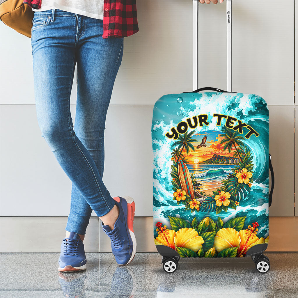 Personalized Hawaii 60th Birthday Eagle Luggage Cover Tropical Sunset Beach Hibiscus Ocean Wave