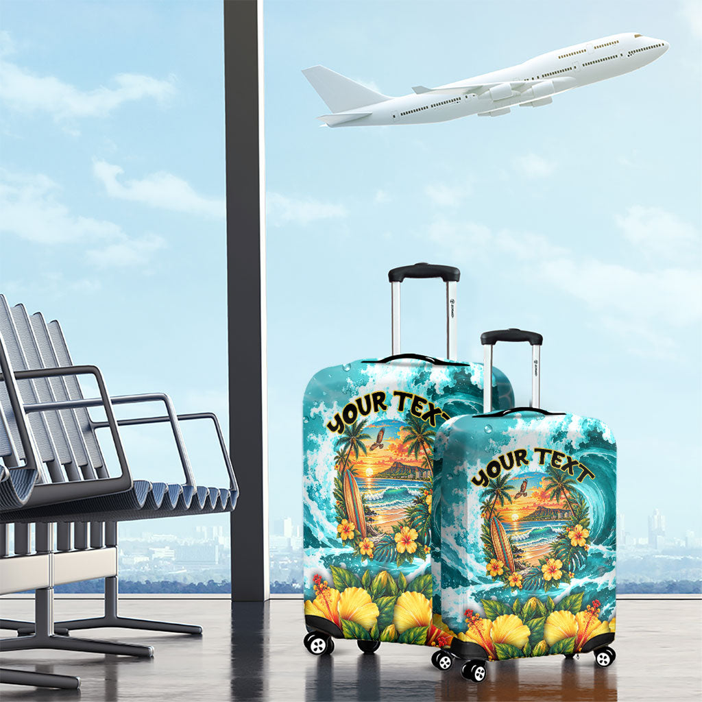 Personalized Hawaii 60th Birthday Eagle Luggage Cover Tropical Sunset Beach Hibiscus Ocean Wave
