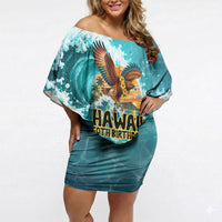 Personalized Hawaii 60th Birthday Eagle Off Shoulder Short Dress Tropical Sunset Beach Hibiscus Ocean Wave TS04 Women Blue Yellow - Polynesian Pride
