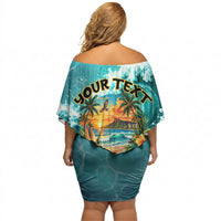 Personalized Hawaii 60th Birthday Eagle Off Shoulder Short Dress Tropical Sunset Beach Hibiscus Ocean Wave TS04 - Polynesian Pride