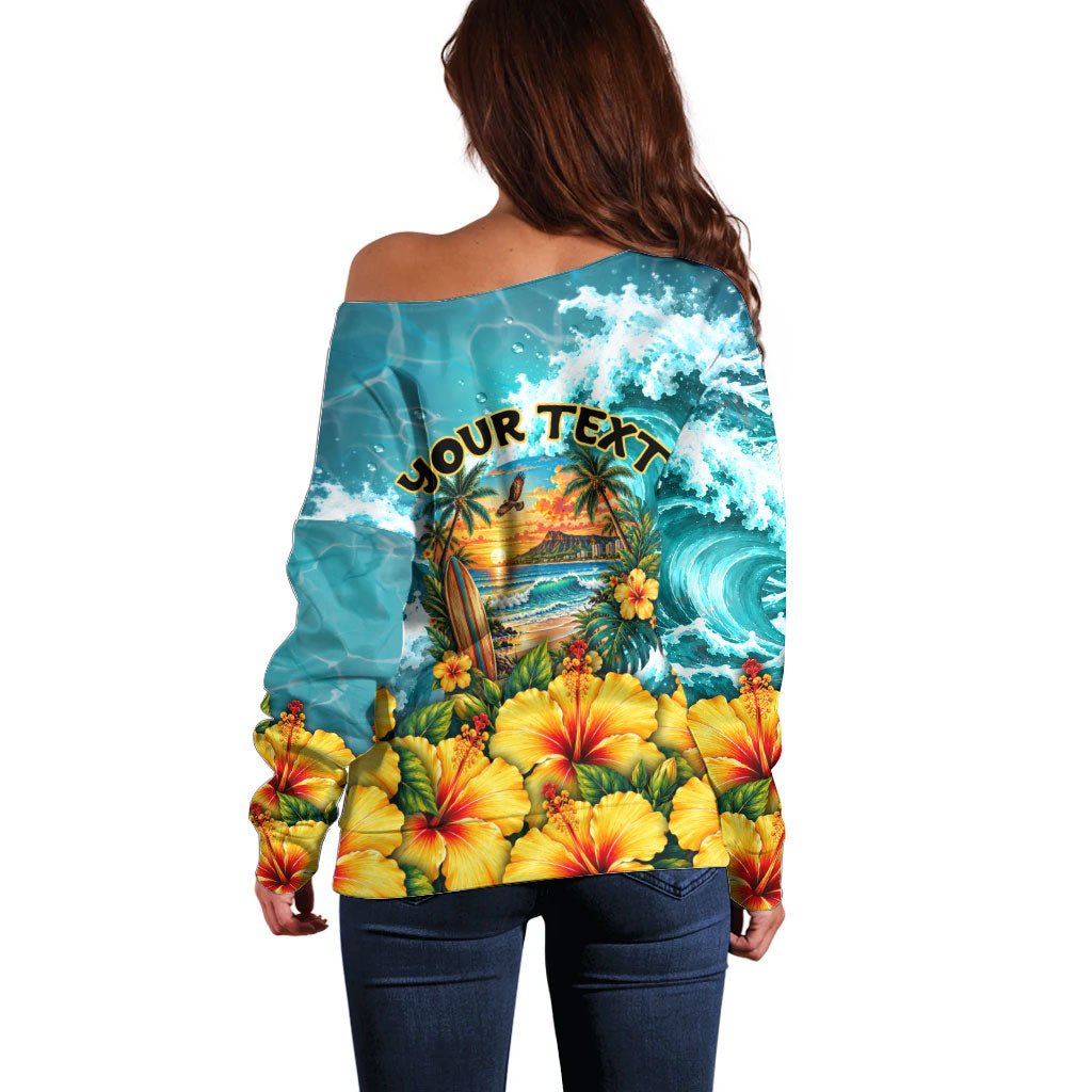 Personalized Hawaii 60th Birthday Eagle Off Shoulder Sweater Tropical Sunset Beach Hibiscus Ocean Wave