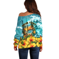 Personalized Hawaii 60th Birthday Eagle Off Shoulder Sweater Tropical Sunset Beach Hibiscus Ocean Wave