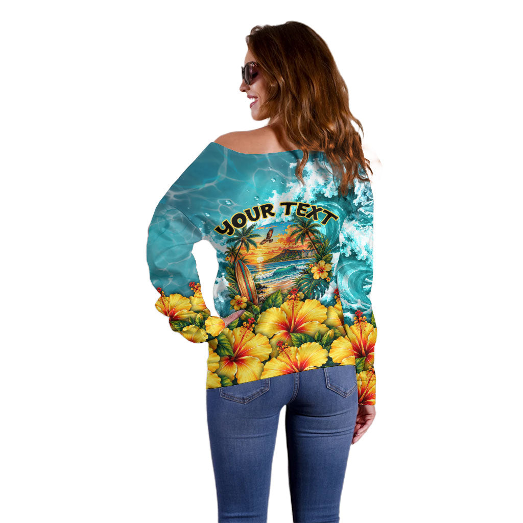 Personalized Hawaii 60th Birthday Eagle Off Shoulder Sweater Tropical Sunset Beach Hibiscus Ocean Wave